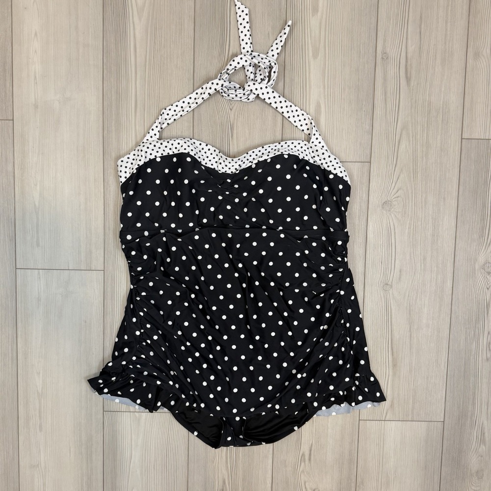 NEW Isaac Mizrahi Live! 24W Halter-Neck Polka Dot Swim Dress Black Retro Pinup